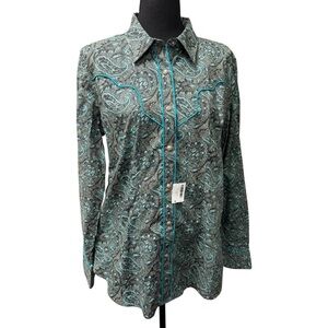 NWT Rock & Roll Denim XL Teal Paisley Western Snap Shirt Cowgirl Top